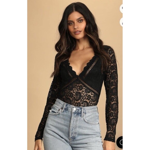 Lulus Tops - Lulus Women’s Small Sheer Me Out Black Lace Long Sleeve Bodysuit